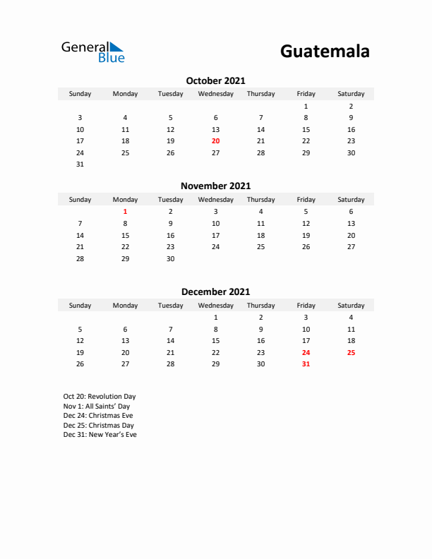 Printable Quarterly Calendar with Notes and Guatemala Holidays- Q4 of 2021