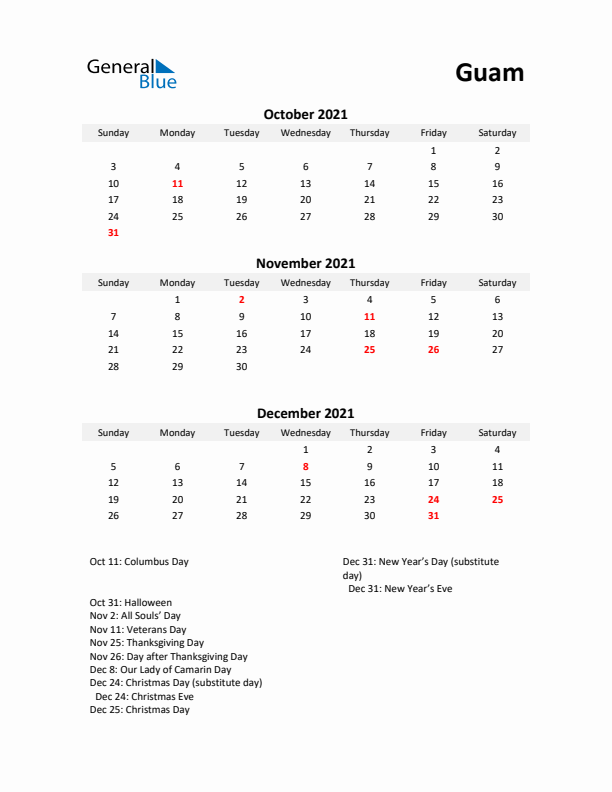 Printable Quarterly Calendar with Notes and Guam Holidays- Q4 of 2021