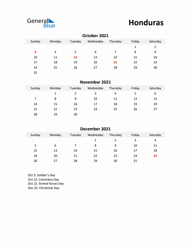 Printable Quarterly Calendar with Notes and Honduras Holidays- Q4 of 2021