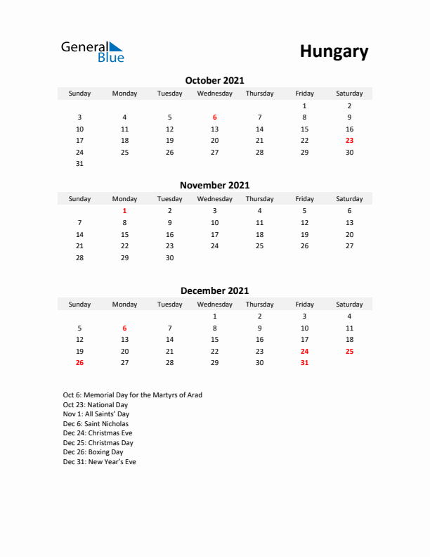 Printable Quarterly Calendar with Notes and Hungary Holidays- Q4 of 2021