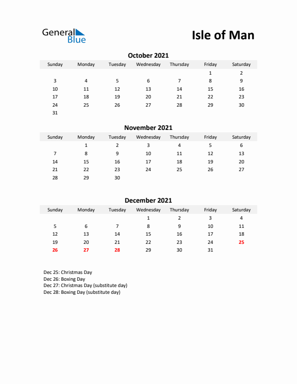 Printable Quarterly Calendar with Notes and Isle of Man Holidays- Q4 of 2021