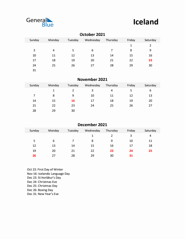 Printable Quarterly Calendar with Notes and Iceland Holidays- Q4 of 2021