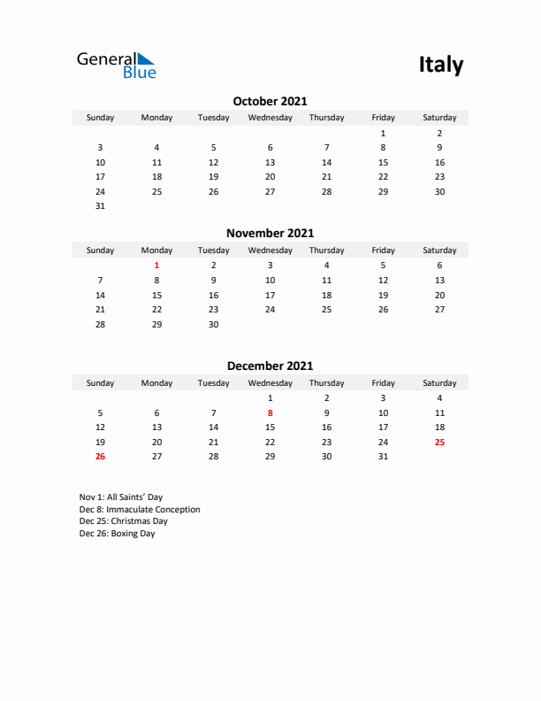 Printable Quarterly Calendar with Notes and Italy Holidays- Q4 of 2021