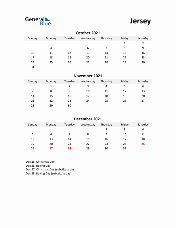 Printable Quarterly Calendar with Notes and Jersey Holidays- Q4 of 2021