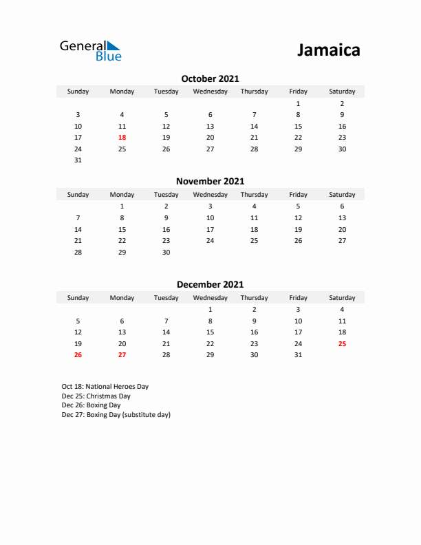 Printable Quarterly Calendar with Notes and Jamaica Holidays- Q4 of 2021