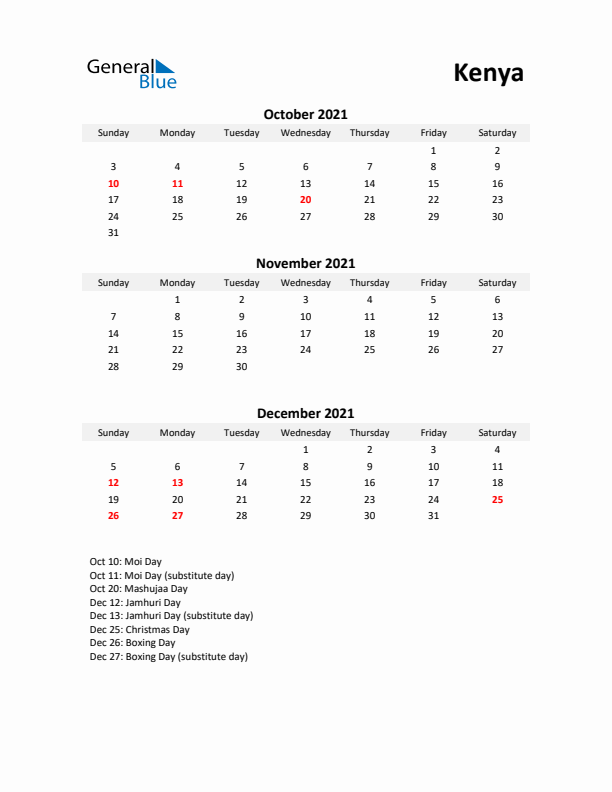 Printable Quarterly Calendar with Notes and Kenya Holidays- Q4 of 2021