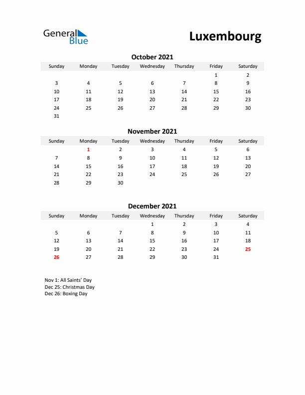 Printable Quarterly Calendar with Notes and Luxembourg Holidays- Q4 of 2021