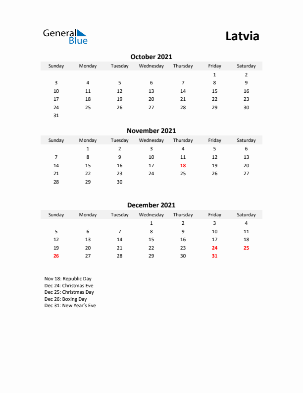 Printable Quarterly Calendar with Notes and Latvia Holidays- Q4 of 2021