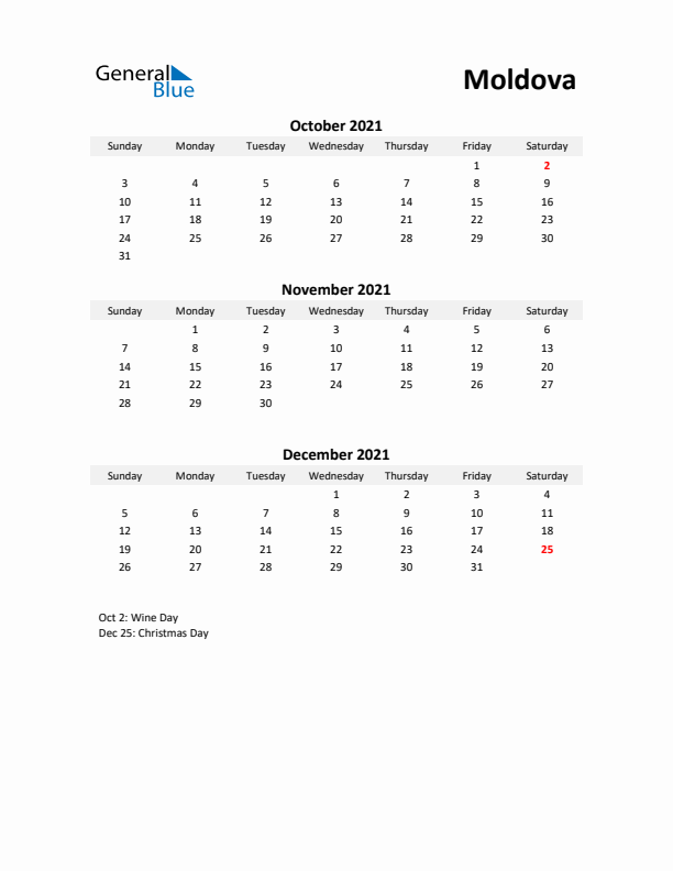 Printable Quarterly Calendar with Notes and Moldova Holidays- Q4 of 2021