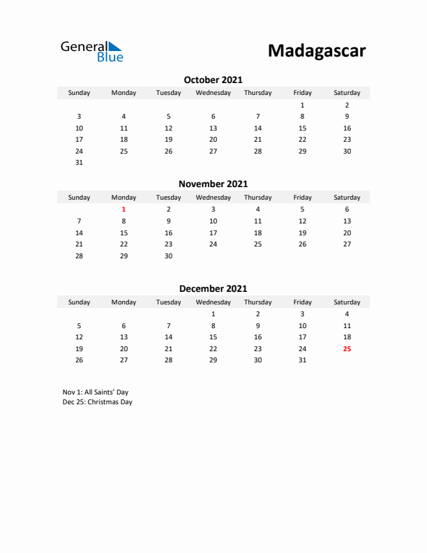 Printable Quarterly Calendar with Notes and Madagascar Holidays- Q4 of 2021