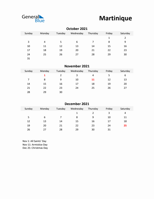 Printable Quarterly Calendar with Notes and Martinique Holidays- Q4 of 2021