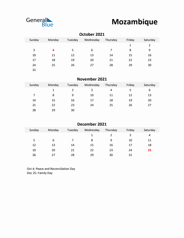 Printable Quarterly Calendar with Notes and Mozambique Holidays- Q4 of 2021