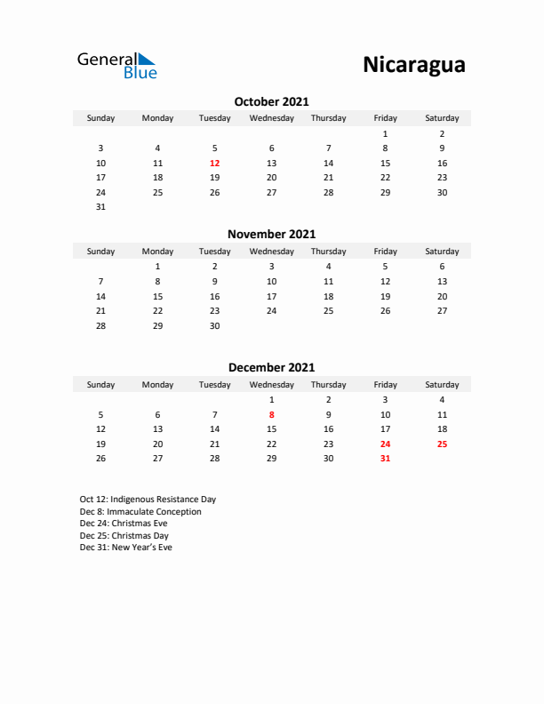 Printable Quarterly Calendar with Notes and Nicaragua Holidays- Q4 of 2021