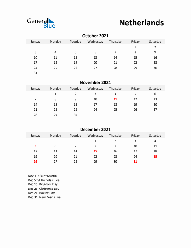 Printable Quarterly Calendar with Notes and The Netherlands Holidays- Q4 of 2021