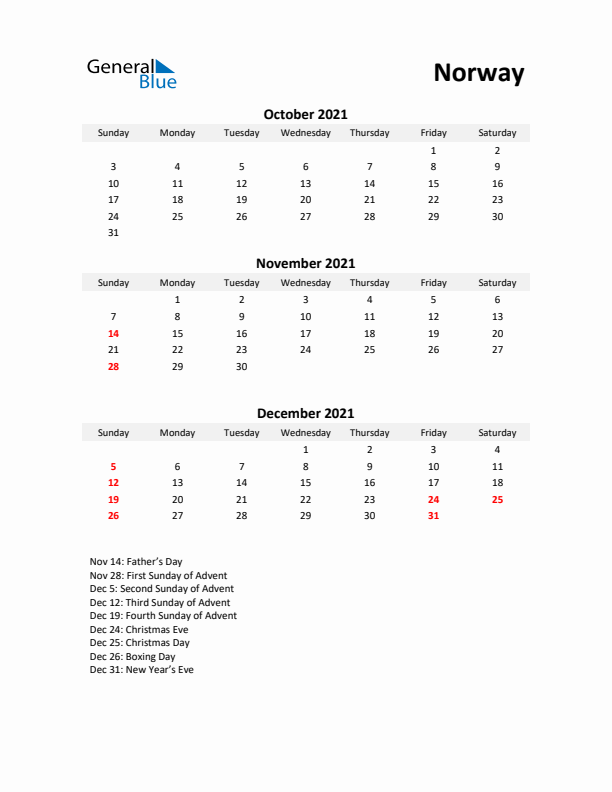 Printable Quarterly Calendar with Notes and Norway Holidays- Q4 of 2021