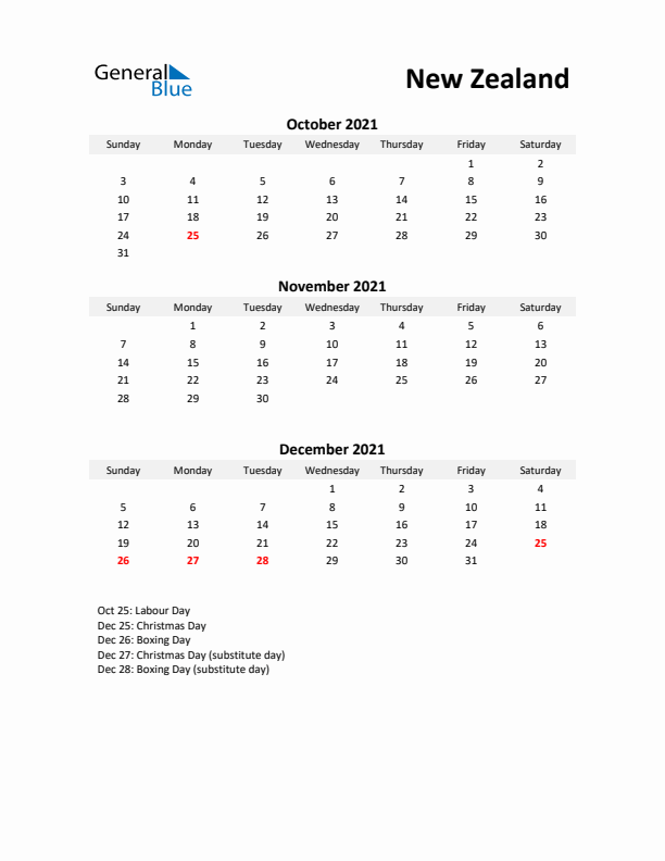 Printable Quarterly Calendar with Notes and New Zealand Holidays- Q4 of 2021