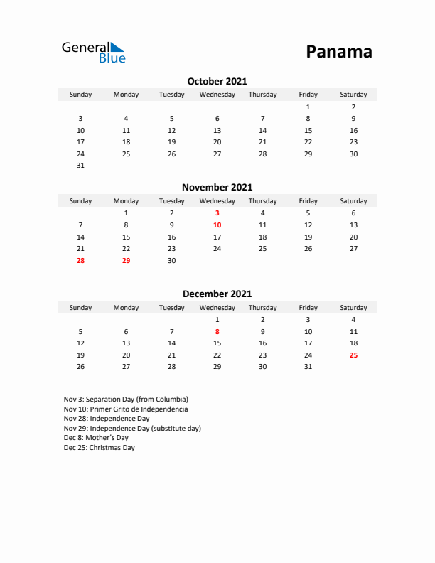 Printable Quarterly Calendar with Notes and Panama Holidays- Q4 of 2021