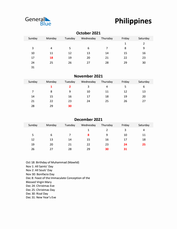 Printable Quarterly Calendar with Notes and Philippines Holidays- Q4 of 2021