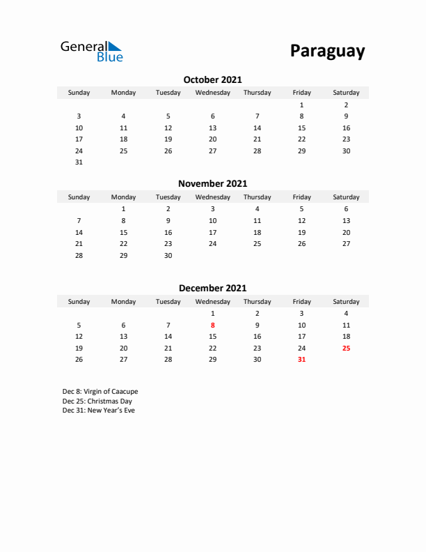 Printable Quarterly Calendar with Notes and Paraguay Holidays- Q4 of 2021