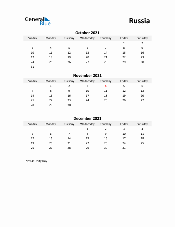 Printable Quarterly Calendar with Notes and Russia Holidays- Q4 of 2021