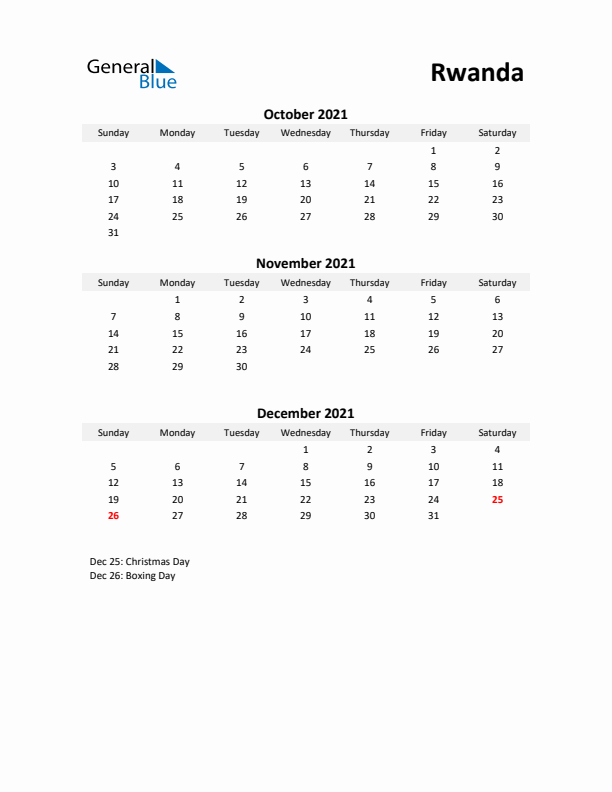 Printable Quarterly Calendar with Notes and Rwanda Holidays- Q4 of 2021