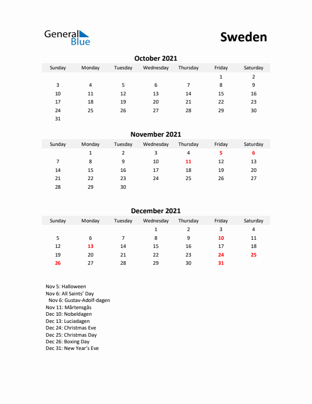 Printable Quarterly Calendar with Notes and Sweden Holidays- Q4 of 2021