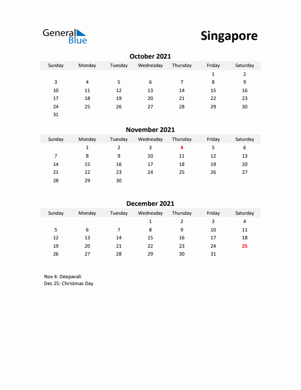 Printable Quarterly Calendar with Notes and Singapore Holidays- Q4 of 2021