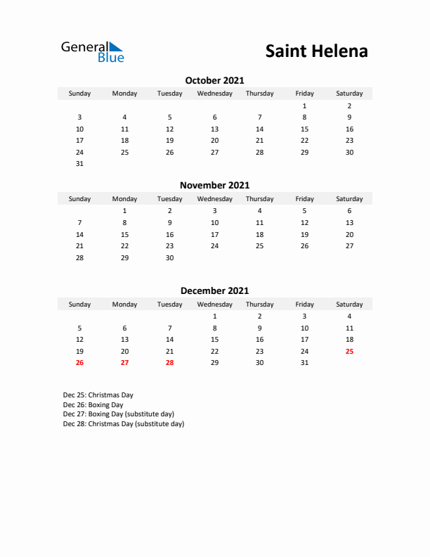 Printable Quarterly Calendar with Notes and Saint Helena Holidays- Q4 of 2021