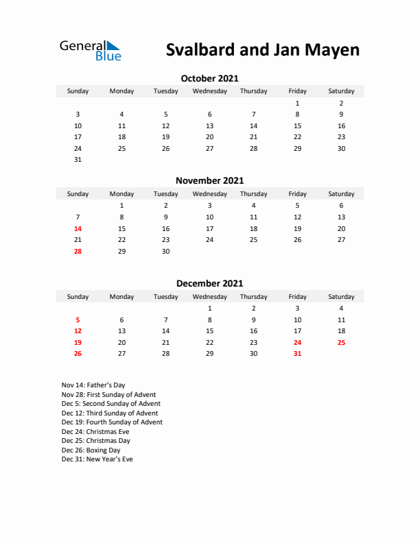 Printable Quarterly Calendar with Notes and Svalbard and Jan Mayen Holidays- Q4 of 2021