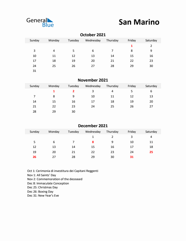 Printable Quarterly Calendar with Notes and San Marino Holidays- Q4 of 2021