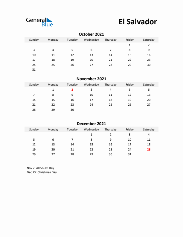 Printable Quarterly Calendar with Notes and El Salvador Holidays- Q4 of 2021