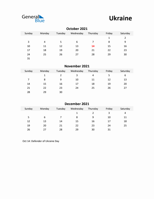 Printable Quarterly Calendar with Notes and Ukraine Holidays- Q4 of 2021