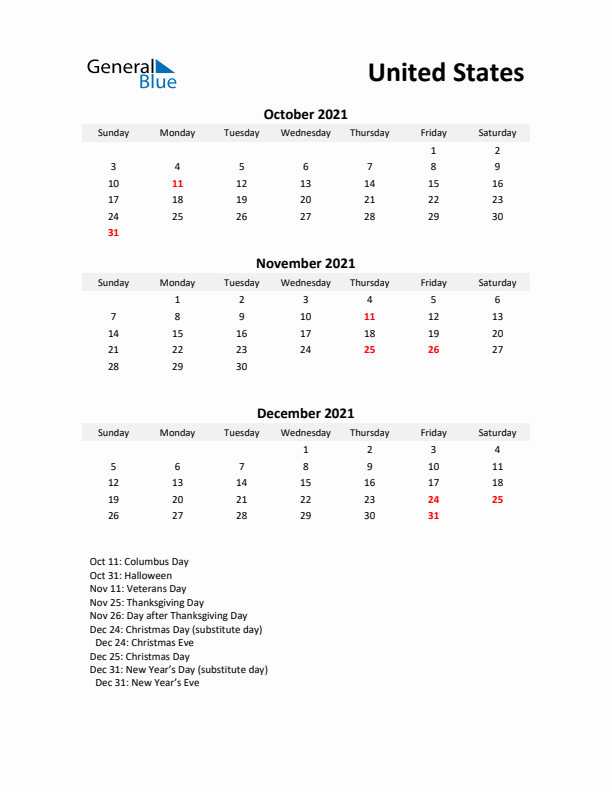 Printable Quarterly Calendar with Notes and United States Holidays- Q4 of 2021