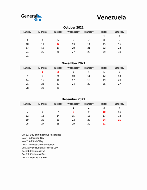 Printable Quarterly Calendar with Notes and Venezuela Holidays- Q4 of 2021