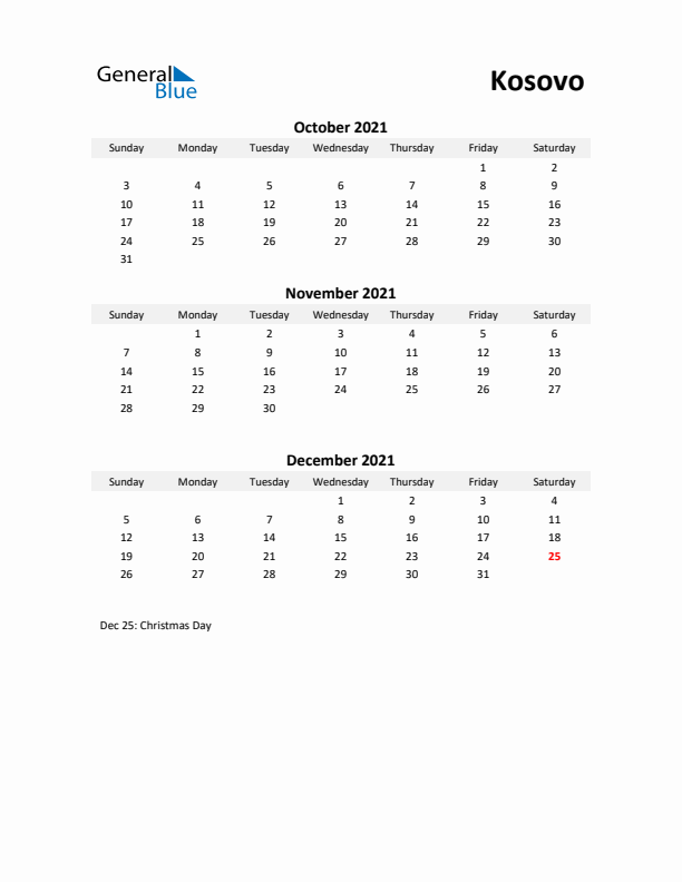 Printable Quarterly Calendar with Notes and Kosovo Holidays- Q4 of 2021