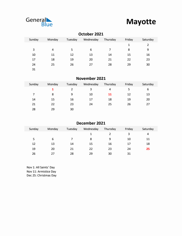 Printable Quarterly Calendar with Notes and Mayotte Holidays- Q4 of 2021