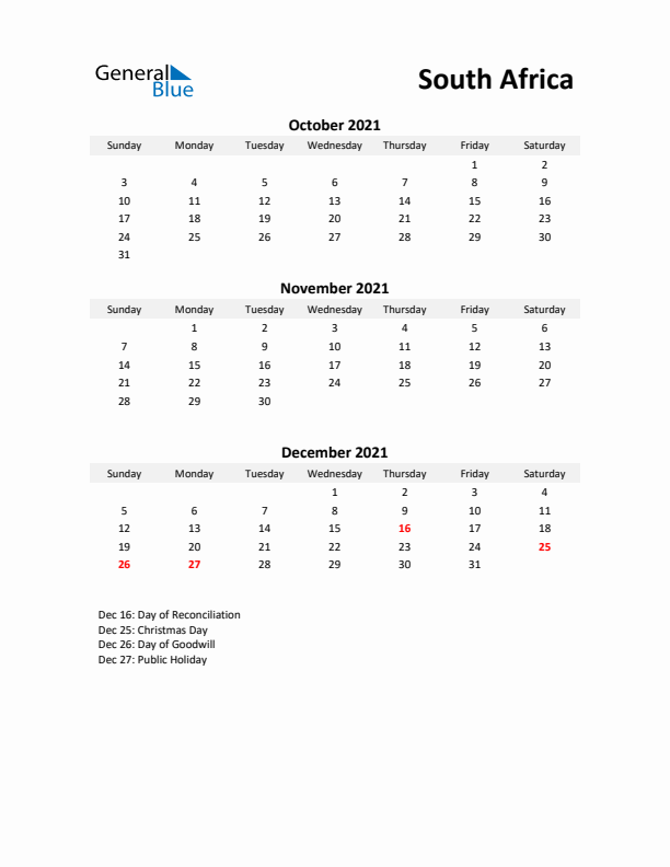 Printable Quarterly Calendar with Notes and South Africa Holidays- Q4 of 2021