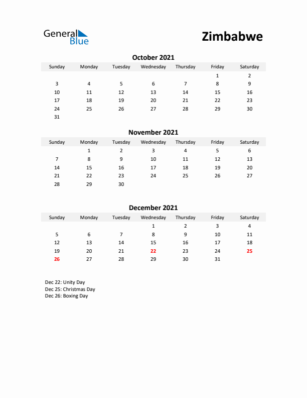 Printable Quarterly Calendar with Notes and Zimbabwe Holidays- Q4 of 2021