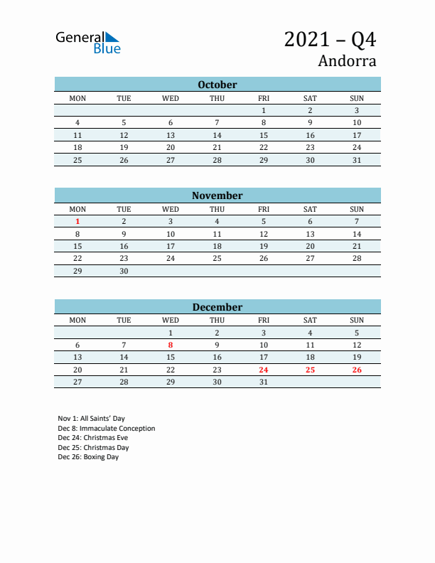 Three-Month Planner for Q4 2021 with Holidays - Andorra