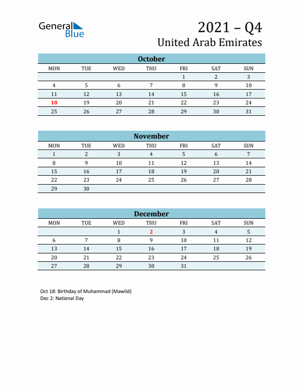 Three-Month Planner for Q4 2021 with Holidays - United Arab Emirates