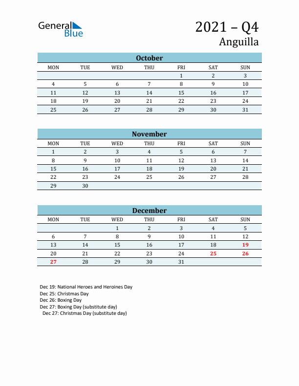 Three-Month Planner for Q4 2021 with Holidays - Anguilla