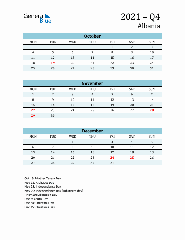 Three-Month Planner for Q4 2021 with Holidays - Albania