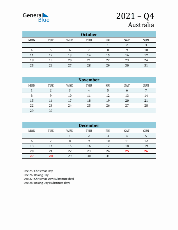 Three-Month Planner for Q4 2021 with Holidays - Australia