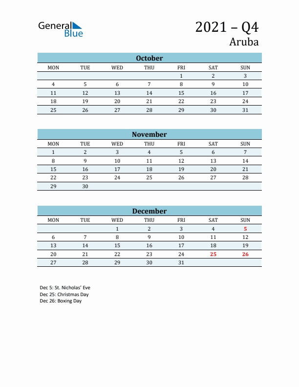 Three-Month Planner for Q4 2021 with Holidays - Aruba