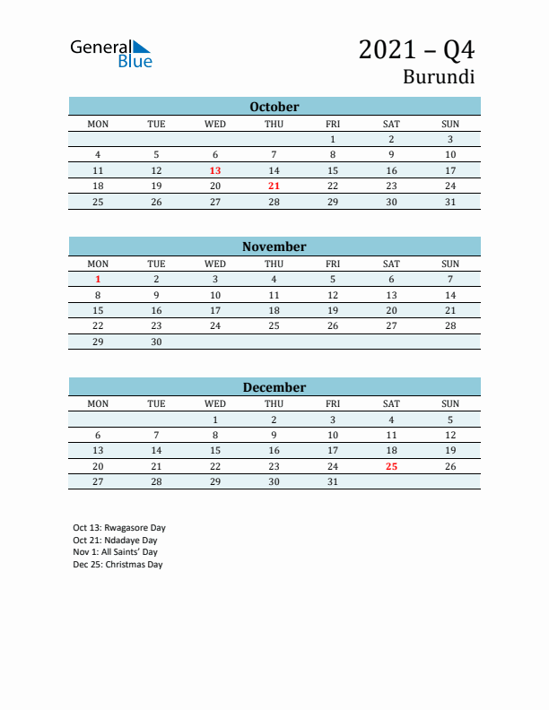 Three-Month Planner for Q4 2021 with Holidays - Burundi