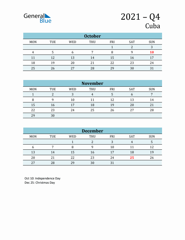 Three-Month Planner for Q4 2021 with Holidays - Cuba