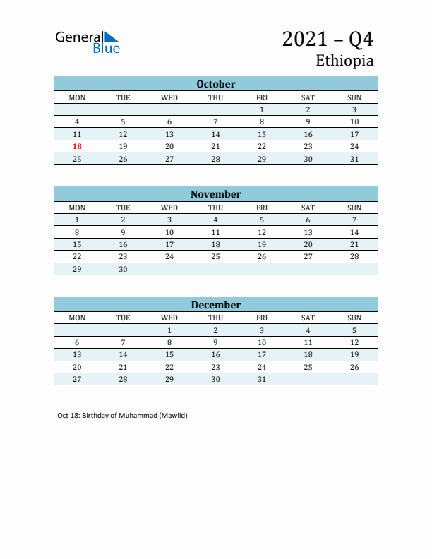 Three-Month Planner for Q4 2021 with Holidays - Ethiopia