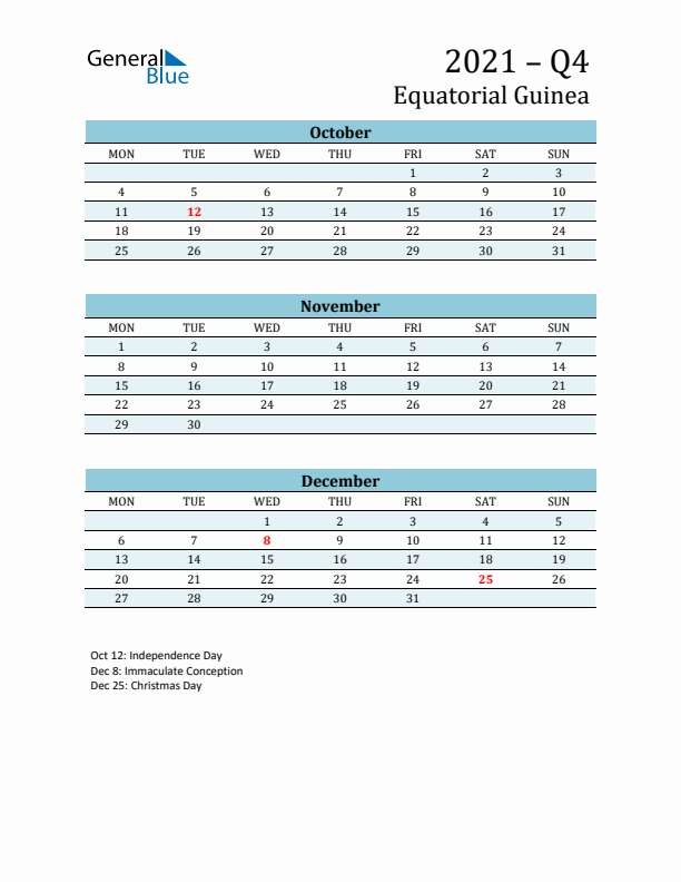 Three-Month Planner for Q4 2021 with Holidays - Equatorial Guinea