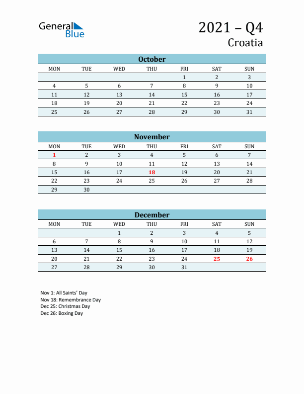 Three-Month Planner for Q4 2021 with Holidays - Croatia