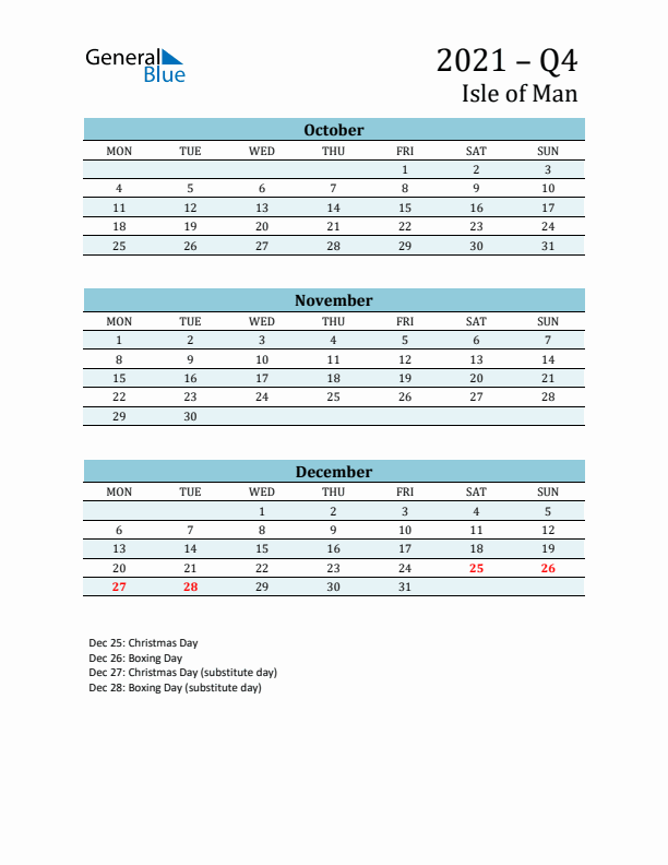 Three-Month Planner for Q4 2021 with Holidays - Isle of Man